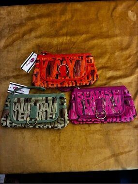 Women’s Bundle of 3Textured Letter Print Wristlet - Orange, Pink, Green